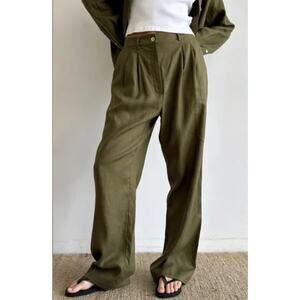 Donni Pants Women Small Linen Pleated Trouser Wide Leg Green Casual Quiet Luxury